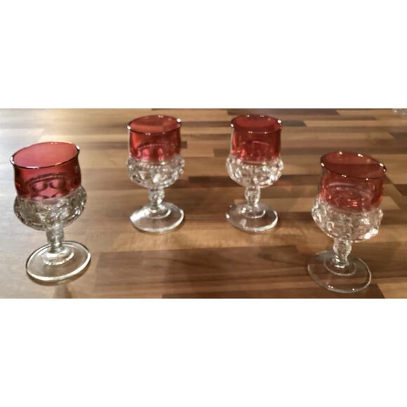 4 Vintage Tiffin Glass King’s Crown Flashed Cranberry Thumbprint Wine Glasses - Picture 1 of 9